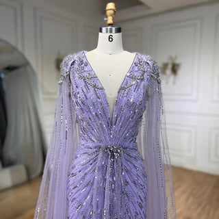 Ships in 1 to 3 Days – Dubai's Luxe Elegance: Sage Green Evening Dresses with Cape, Fuchsia Crystal, and Gold Accents for Women's Weddings and Formal Parties (2024)