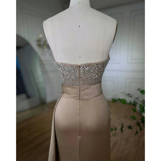 High Split Mermaid Nude Evening Dress 2024: Sexy Strapless Gown with Crystal Beading