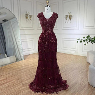 Ships in 1 to 3 Days - Luxury Dubai Arabic Mermaid Gold Elegant Tassel Beaded Evening Dresses Gowns for Women's Wedding Party 2024