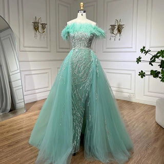 Blue Diamond Feather Mermaid Evening Dress with Overskirt - Wedding Party Gown for Women 2024