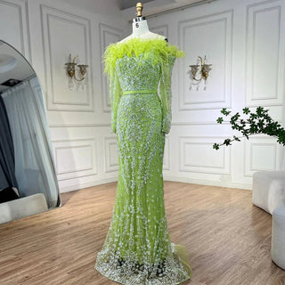 Luxury Dubai Green Boat Neck Mermaid Elegant Feathers Beaded Evening Dresses Gowns For Woman Wedding Party