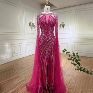 Ships in 1 to 3 Days – Lilac Mermaid Evening Gown 2024: Cape Sleeves, Luxury Beaded, Open Split for Women's Wedding Party