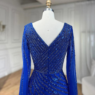 Ships in 1 to 3 Days – Arabic Mermaid Blue Beaded Elegant Cape Sleeves Luxury Evening Dress Gown for Women Wedding Party 2024