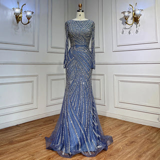 Sapphire Serenity: Elegant Beaded V-Neck Mermaid Gown in Blue Grey