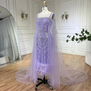 Lilac Majesty: 2024 Mermaid Ankle-Length Midi Feather Beaded Luxury Evening Dress with Cape - Gown for Women's Party