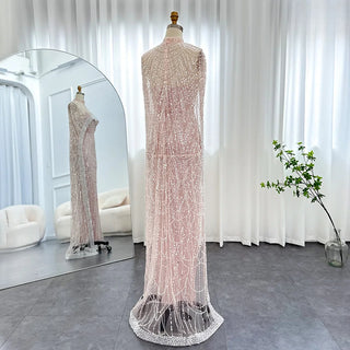 New for 2024: Luxury Champagne Dubai Evening Dresses with Pearls and Cape, Perfect for Arabic Women's Mermaid Wedding Party and Prom Dress