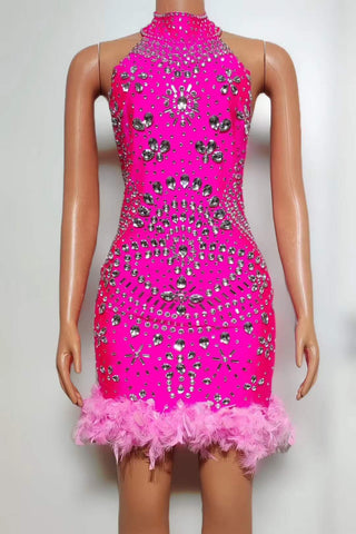 Vibrant Pink Crystal-Embellished Halter Dress with Feather Hem