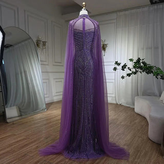 Caramel Cape Sleeves Mermaid High Split Beaded Evening Dress - Long Celebrity Gown for Woman Party