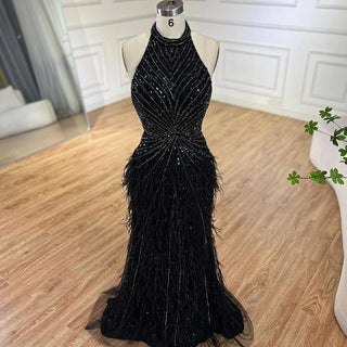 Dubai Halter Beige Feathers Beaded Formal Luxury Mermaid Evening Dress for Women Wedding Party 2024