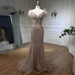 Champagne Mermaid Sleeveless Evening Dress: Elegant Formal Luxury with Diamond Feathers 2024