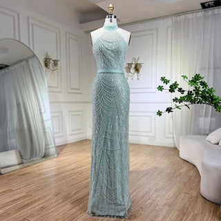 Luxurious Dubai Arabian Nude Mermaid Evening Dress with Gloves - Elegant Gown for Women's Wedding Parties 2024