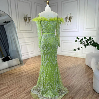 Luxury Dubai Green Boat Neck Mermaid Elegant Feathers Beaded Evening Dresses Gowns For Woman Wedding Party