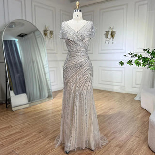 Ships in 1 to 3 Days - Silver Mermaid Elegant Evening Dress - Beaded Luxury Sparkle Gown for Women's Party 2024