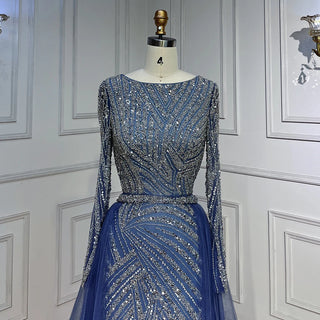 Ships in 1 to 3 Days - Sapphire Serenity: Elegant Beaded V-Neck Mermaid Gown in Blue Grey Party 2024