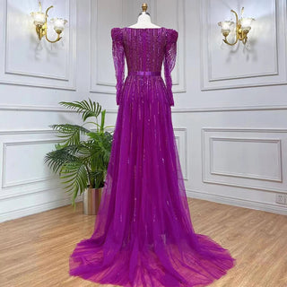 Dubai Fuchsia Elegance: Luxury Evening Dress with Long Sleeves, Overskirt, and Arabic-inspired Elegance for Women at Wedding Parties and Formal Events.