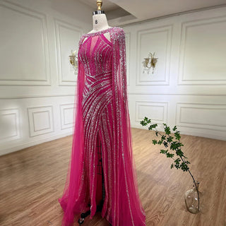 Ships in 1 to 3 Days – Lilac Mermaid Evening Gown 2024: Cape Sleeves, Luxury Beaded, Open Split for Women's Wedding Party