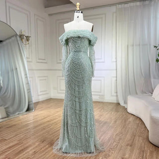 Ships in 1 to 3 Days - Arabia Nude Mermaid Boat Neck Evening Dress with Overskirt - Luxurious Attire for Women's Wedding Party 2024