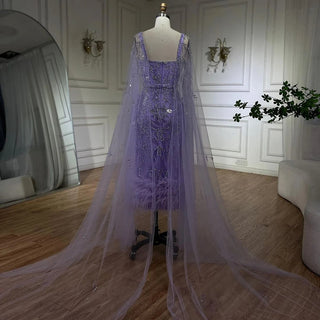 Lilac Majesty: 2024 Mermaid Ankle-Length Midi Feather Beaded Luxury Evening Dress with Cape - Gown for Women's Party