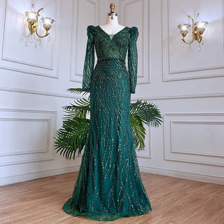 Emerald Allure: Elegant Green V-Neck Mermaid Evening Gown with Beading - 2024 Arabic Luxury