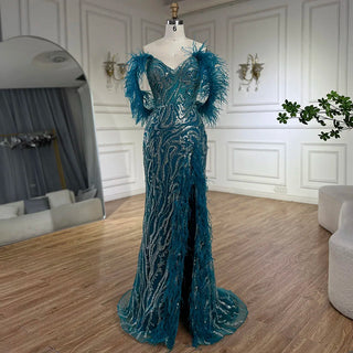 Turquoise Spaghetti Strap High-Split Mermaid Beaded Feathers Evening Gown for Women Wedding Party 2024