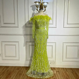 Luxury Dubai Green Boat Neck Mermaid Elegant Feathers Beaded Evening Dresses Gowns For Woman Wedding Party