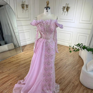 Elegant Arabic Peach Mermaid Evening Gown with Pearl and Beaded Detailing