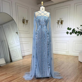 Ships in 1 to 3 Days - Arabic Luxury Dubai Mermaid Blue Evening Gown with Cape Sleeves and Beading for Women's Party 2024