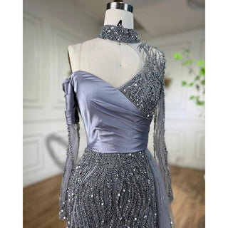 Ships in 1 to 3 Days - Arabic Blue Mermaid Evening Dress with High Split and Beading - Women's Wedding Party Gown (2024)