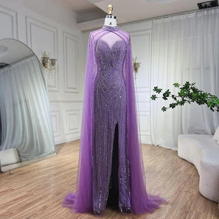 Caramel Cape Sleeves Mermaid High Split Beaded Evening Dress - Long Celebrity Gown for Woman Party