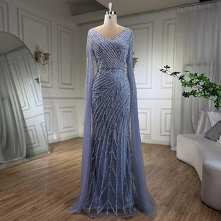 Arabic Mermaid Blue Beaded Elegant Cape Sleeves Luxury Evening Dress Gown for Women Wedding Party 2024