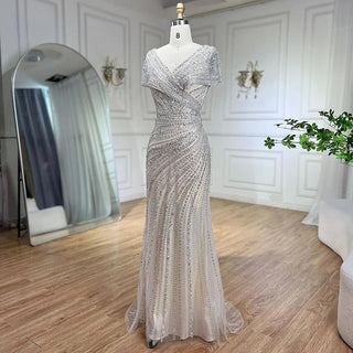 Ships in 1 to 3 Days - Silver Mermaid Elegant Evening Dress - Beaded Luxury Sparkle Gown for Women's Party 2024