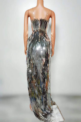 Glamorous Reflective Sequin Gown with Plunging Neckline