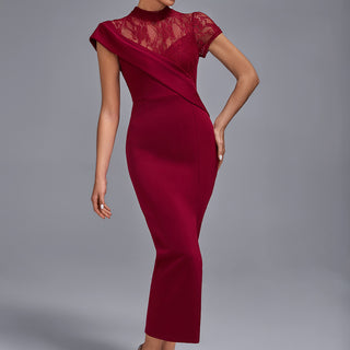 Ships in 1 to 3 Days - Sophisticated High-Neck Lace and Draped Evening Gown