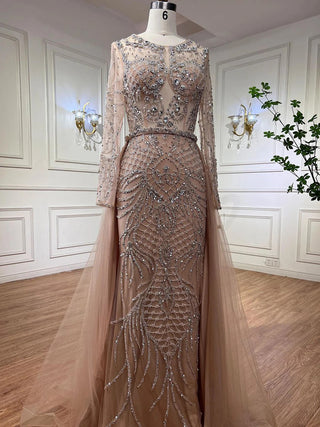 Silver Nude Mermaid Evening Gown: Over Skirt, Beaded Luxury Dubai Dresses - Long Women's Wedding Party Gowns 2024