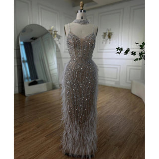 2024 White Nude Mermaid Evening Gown: Spaghetti Straps with Beaded and Feather Detail - Perfect for Prom and Wedding Party