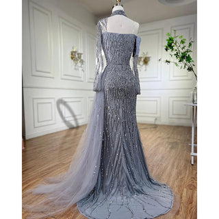 Ships in 1 to 3 Days - Arabic Blue Mermaid Evening Dress with High Split and Beading - Women's Wedding Party Gown (2024)