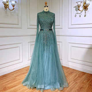 Turquoise Elegance: 2023 A-Line Cape Sleeves Muslim Luxury Beaded Evening Dress - Party Gown for Women