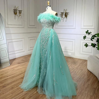 Blue Diamond Feather Mermaid Evening Dress with Overskirt - Wedding Party Gown for Women 2024