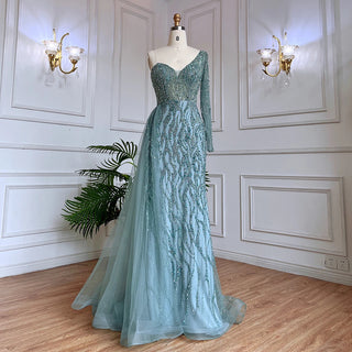 Blue Mermaid Elegant One Shoulder Evening Gown 2024: Beaded Luxury for Women's Party