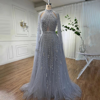 Dubai Arabic Luxury Nude A-Line Beaded Evening Dress with Cape Sleeves - Elegant Gown for Women Wedding Party 2024