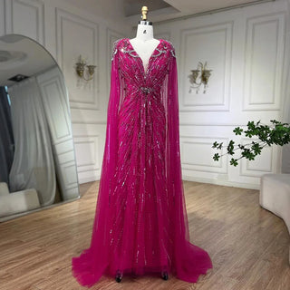 Dubai's Luxe Elegance: Sage Green Evening Dresses with Cape, Fuchsia Crystal, and Gold Accents for Women's Weddings and Formal Parties (2024)