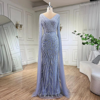 Arabic Mermaid Blue Beaded Elegant Cape Sleeves Luxury Evening Dress Gown for Women Wedding Party 2024