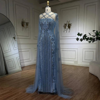 Ships in 1 to 3 Days - Arabic Luxury Dubai Blue Mermaid Evening Gown with Beaded Cape Sleeves for Women's Party 2024