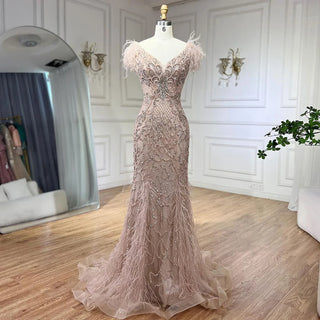 Champagne Mermaid Sleeveless Evening Dress: Elegant Formal Luxury with Diamond Feathers 2024