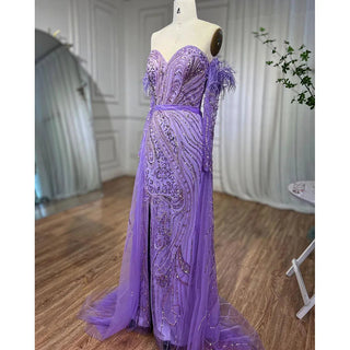 Chic Arabic Luxury Nude Mermaid Evening Dress with High Split, Beaded Feathers - Long 2024 Gown for Women's Wedding Party