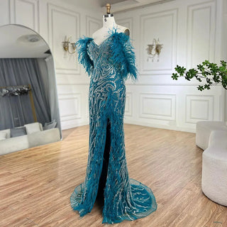 Turquoise Spaghetti Strap High-Split Mermaid Beaded Feathers Evening Gown for Women Wedding Party 2024