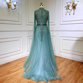 Turquoise Elegance: 2023 A-Line Cape Sleeves Muslim Luxury Beaded Evening Dress - Party Gown for Women