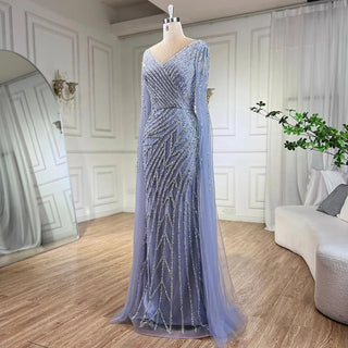 Arabic Mermaid Blue Beaded Elegant Cape Sleeves Luxury Evening Dress Gown for Women Wedding Party 2024