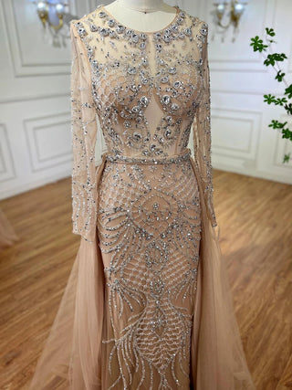 Silver Nude Mermaid Evening Gown: Over Skirt, Beaded Luxury Dubai Dresses - Long Women's Wedding Party Gowns 2024