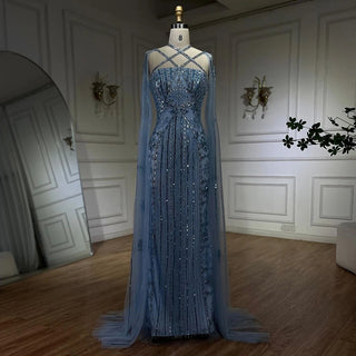 Ships in 1 to 3 Days - Arabic Luxury Dubai Blue Mermaid Evening Gown with Beaded Cape Sleeves for Women's Party 2024